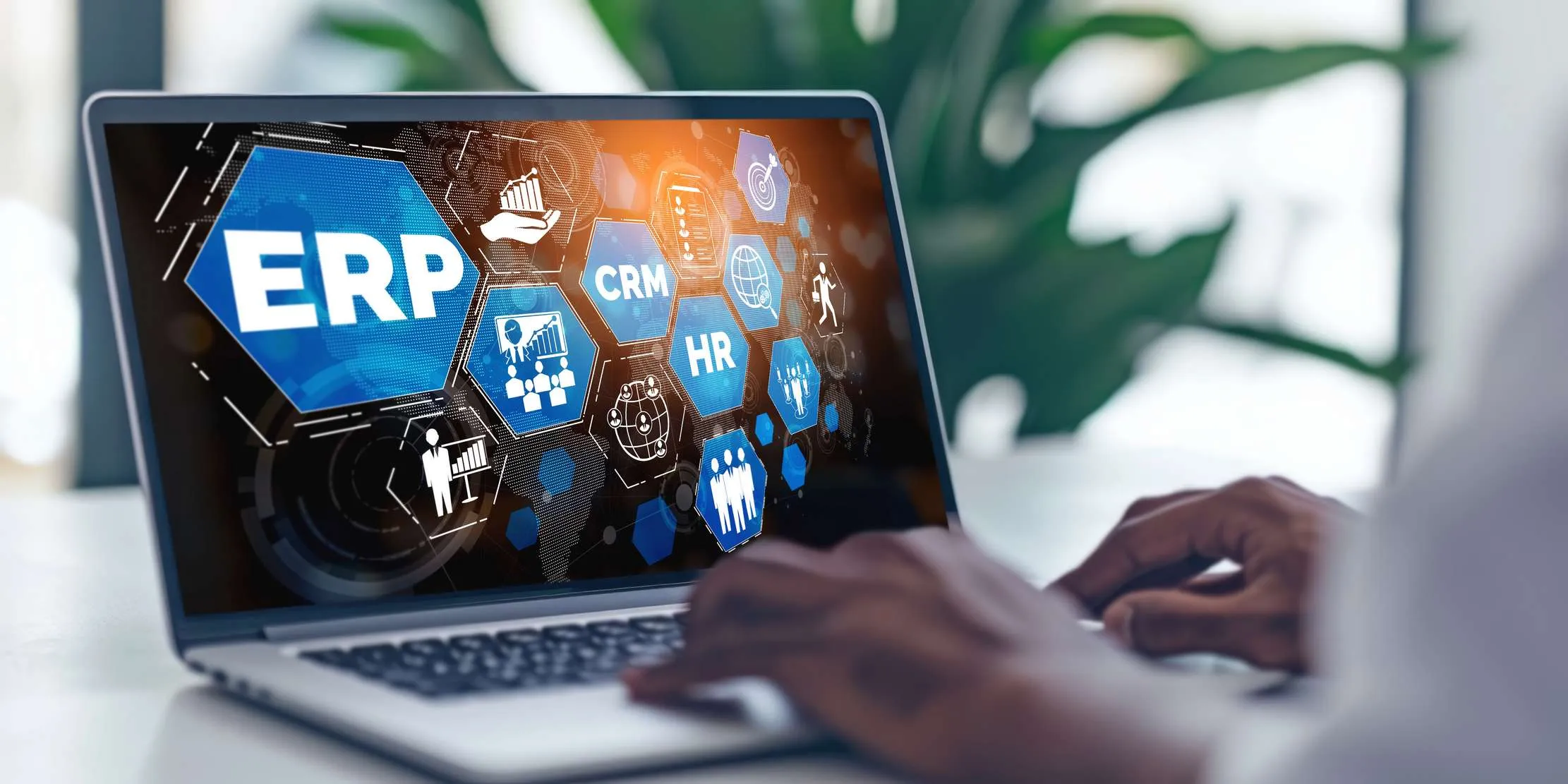 ERP system showing integrated digital business management modules for POS, CRM, and HR