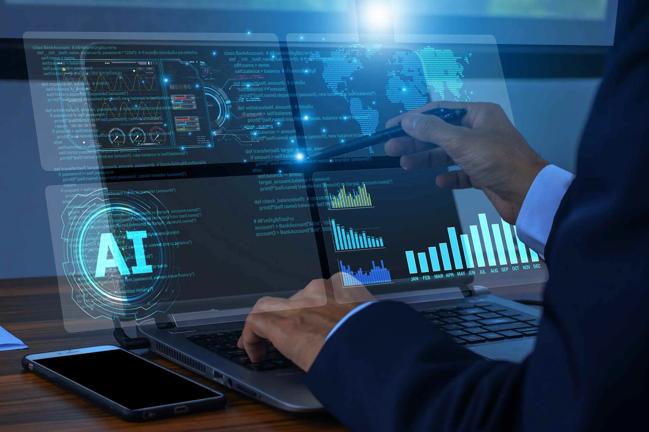 Business professional reviewing AI analytics dashboards, representing a structured review of AI answer quality