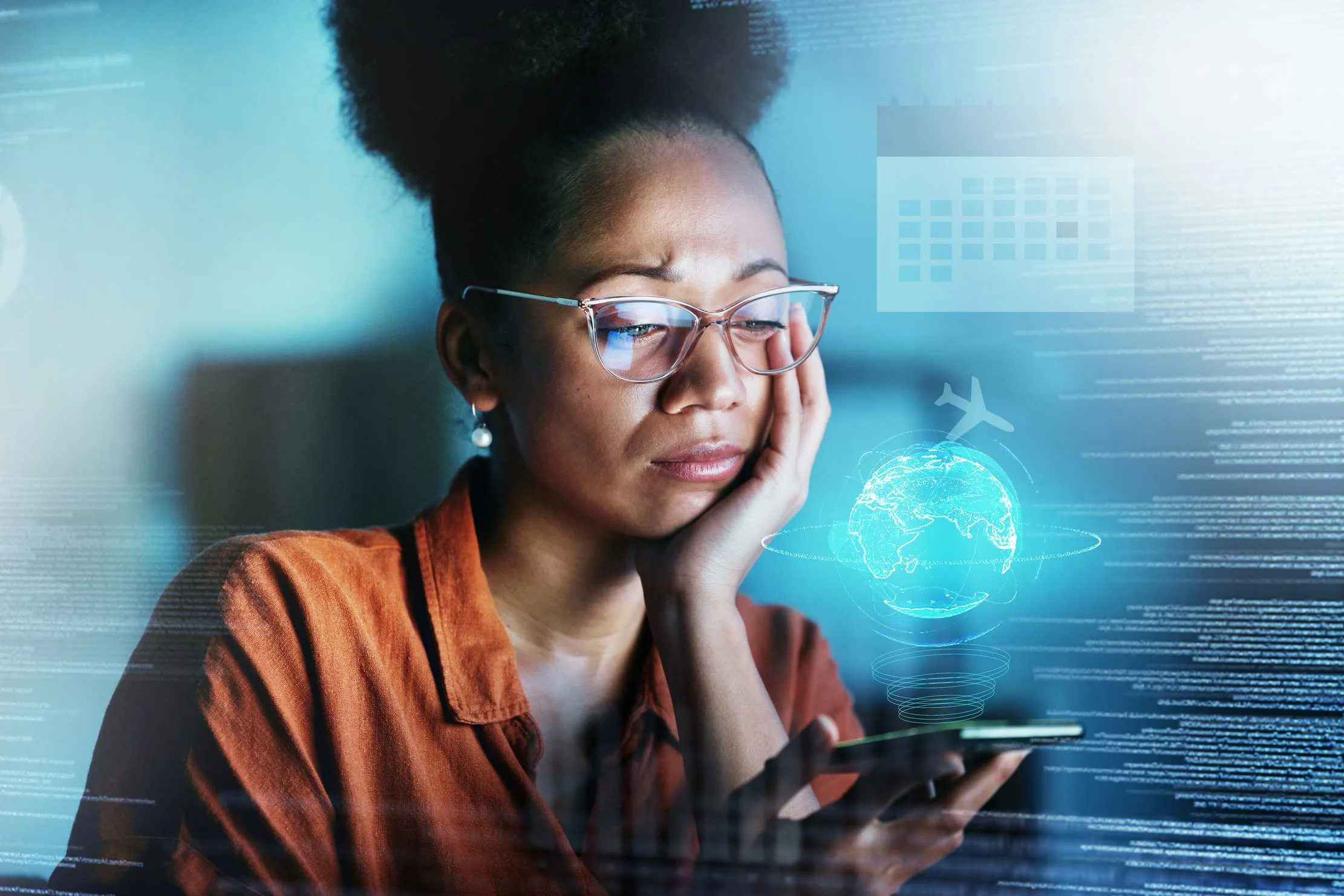 African business professional reviewing digital data and AI research on a phone, representing source checking during an AI evaluation