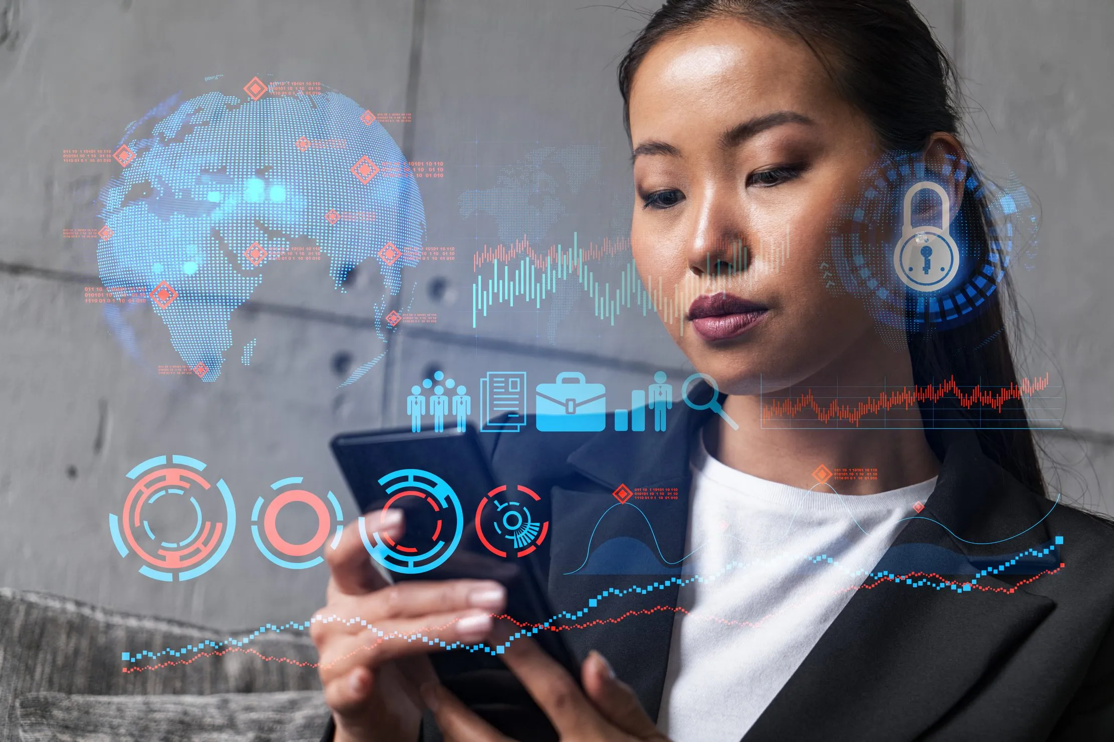 Businesswoman reviewing digital information on a phone with market and data graphics around her