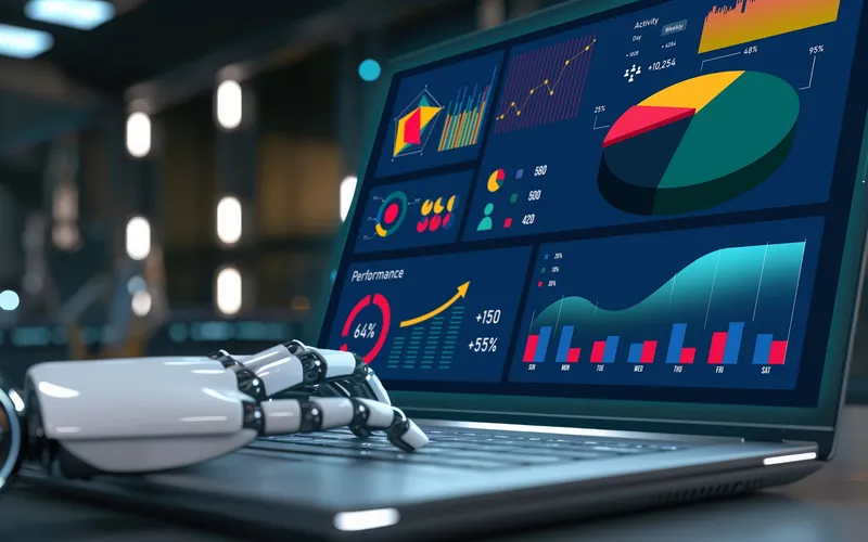 AI analytics dashboard on a laptop, representing the organisation of market-research information