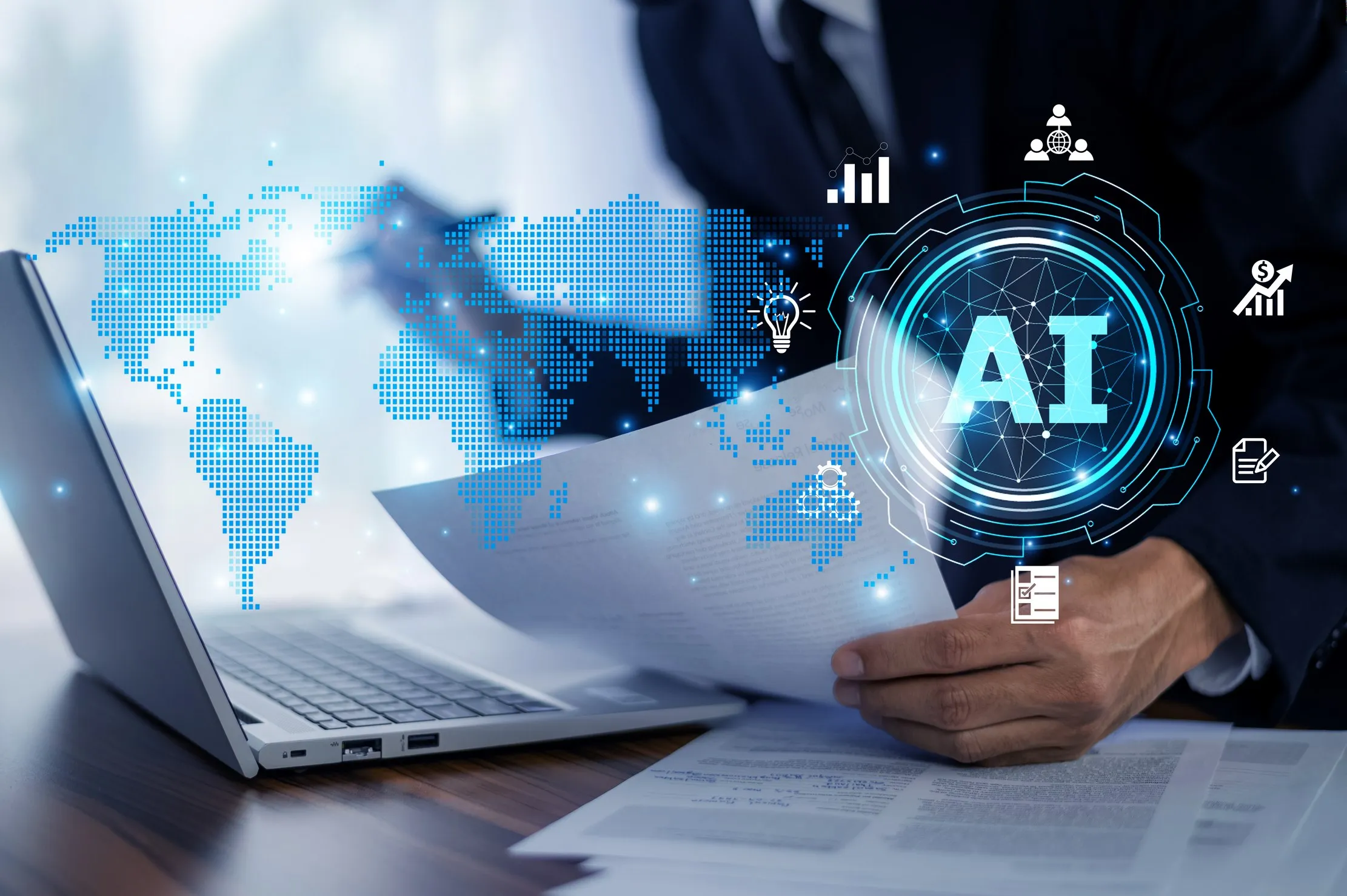 Business decision-maker reviewing documents with an AI and global market graphic