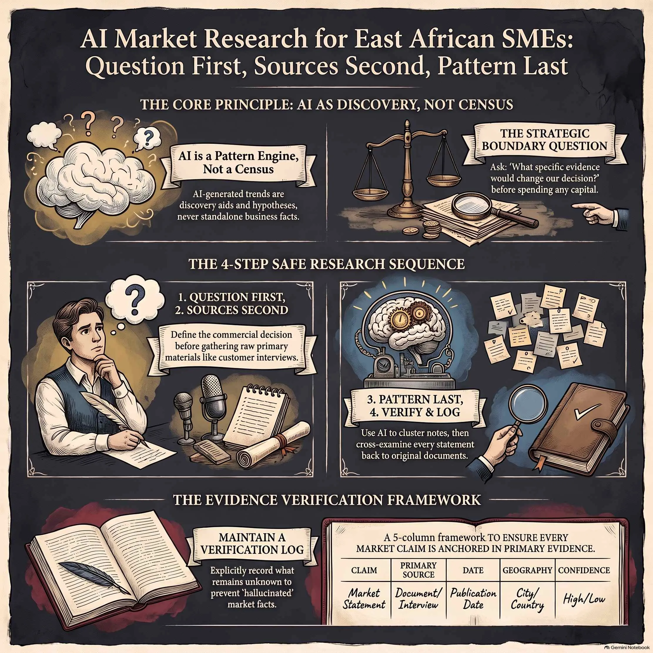Infographic showing the four-step AI market-research sequence and evidence worksheet