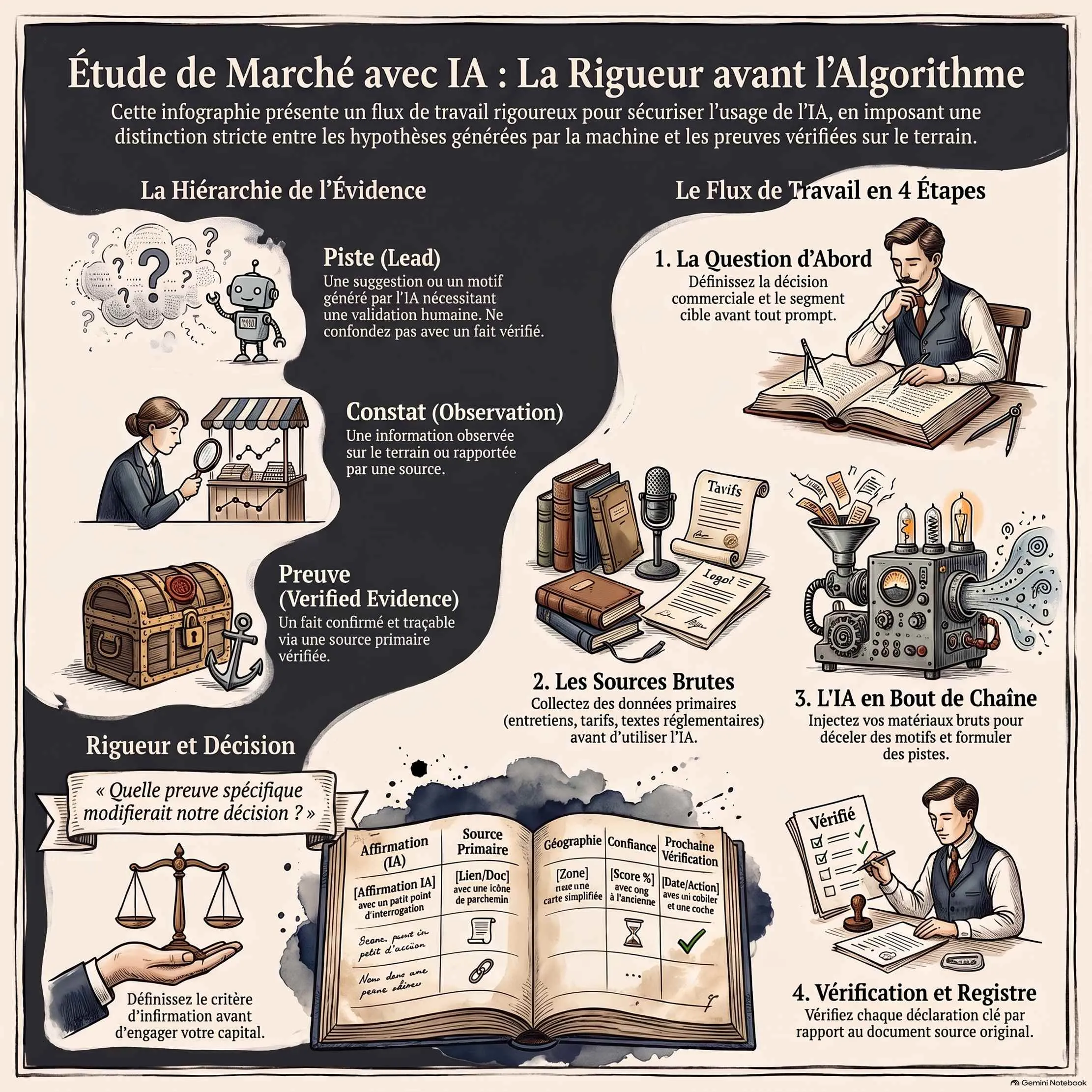 Infographie présentant le flux de travail en quatre étapes et la fiche de preuves pour une étude de marché avec l’IA
