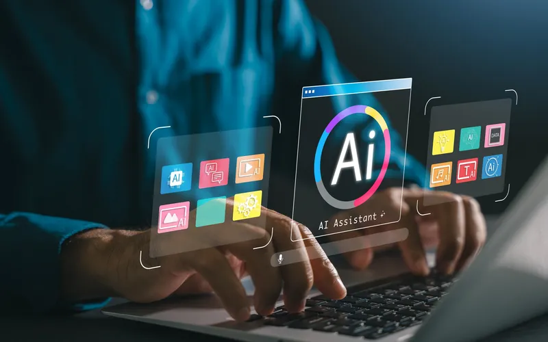 Person using a laptop with an AI assistant interface, representing an AI pilot under review