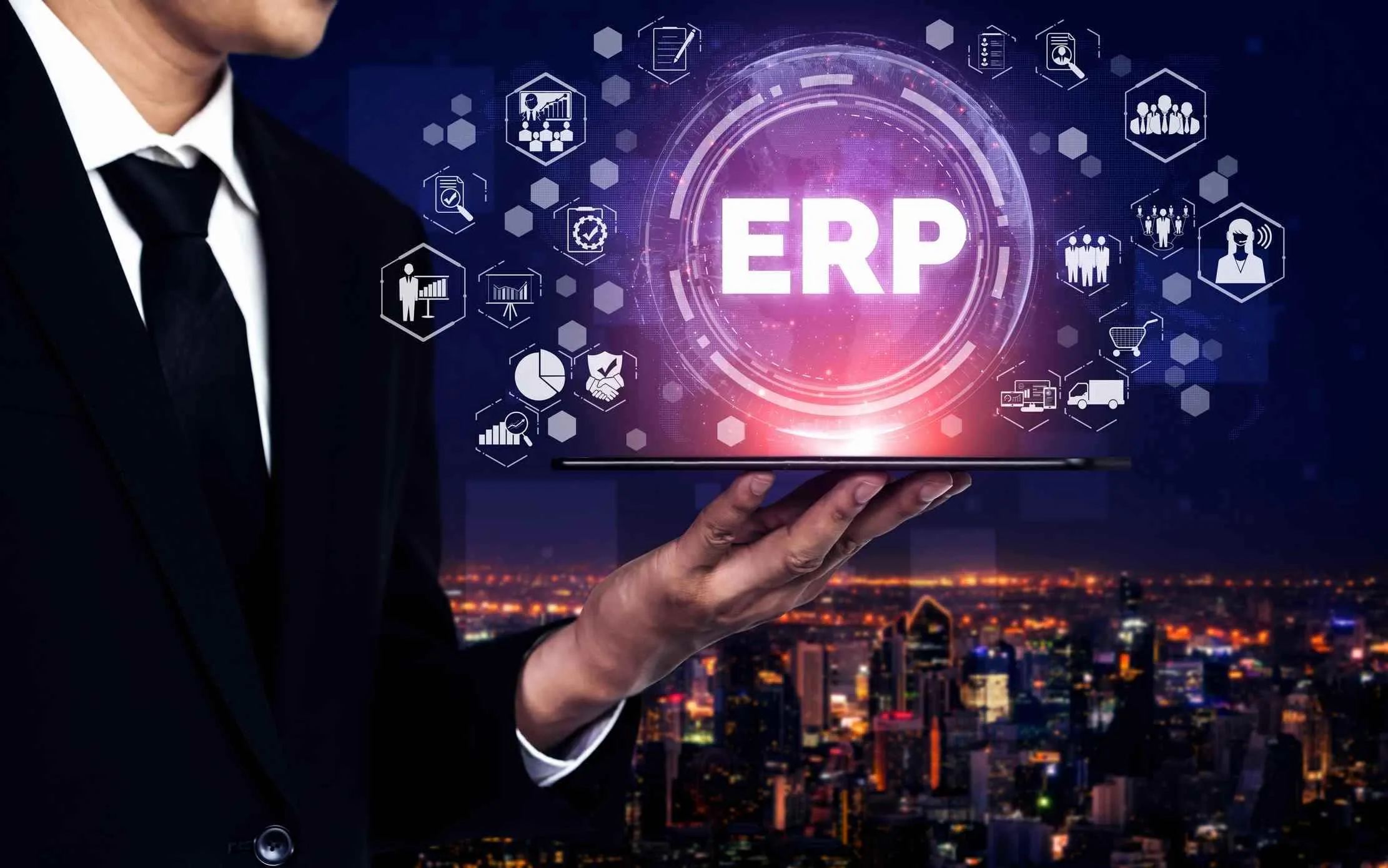 ERP system hologram with business management icons representing enterprise resource planning