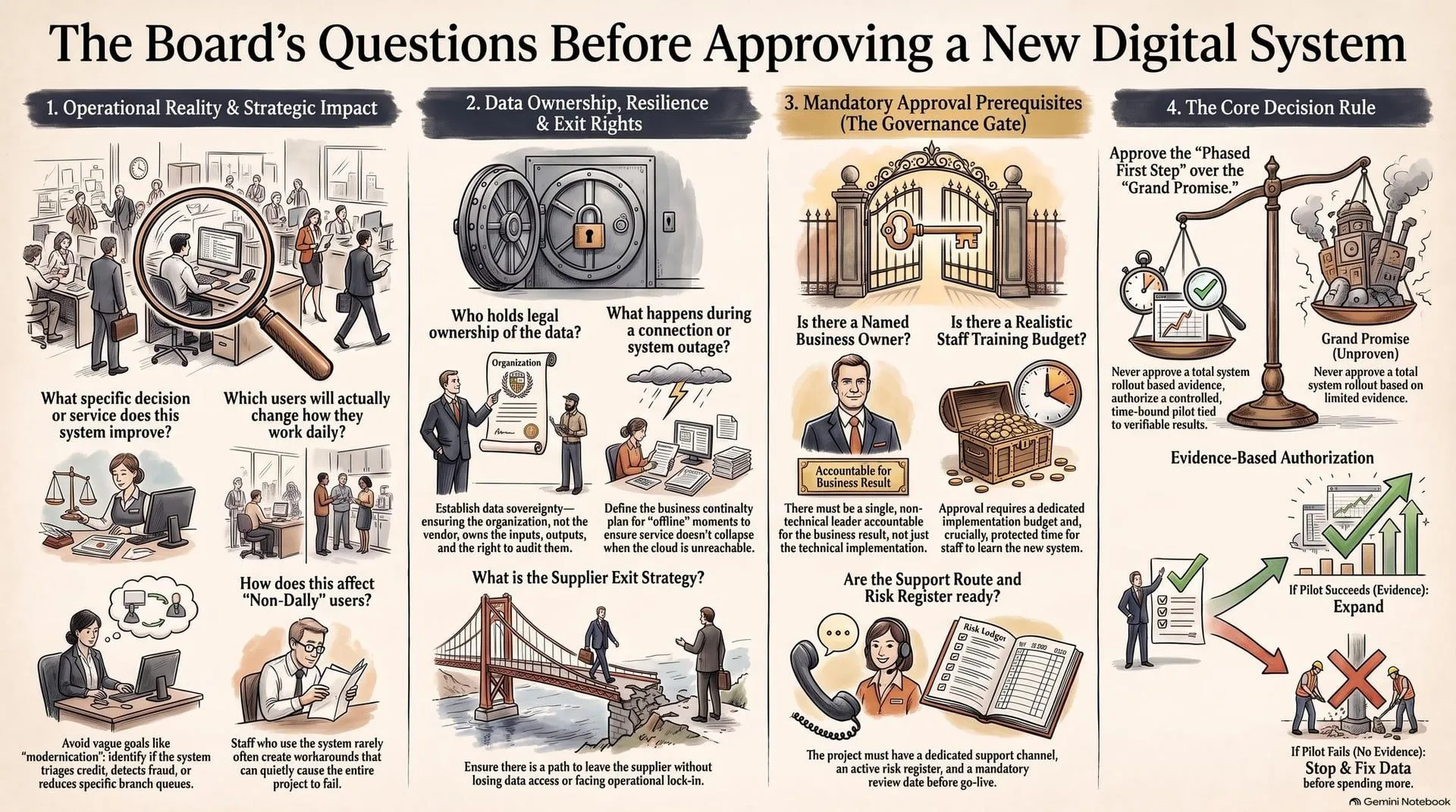 Infographic setting out the board's four questions before approving a new digital system: operational reality and strategic impact, data ownership and resilience, mandatory approval prerequisites, and the core decision rule