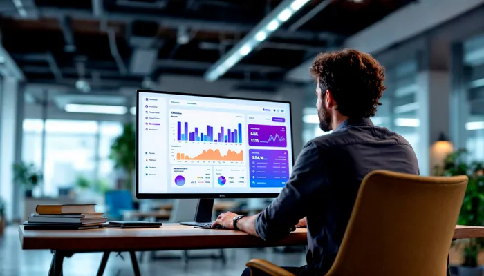 Analyste étudiant un graphique linéaire à l'écran — visualisation de données dans les logiciels de gestion