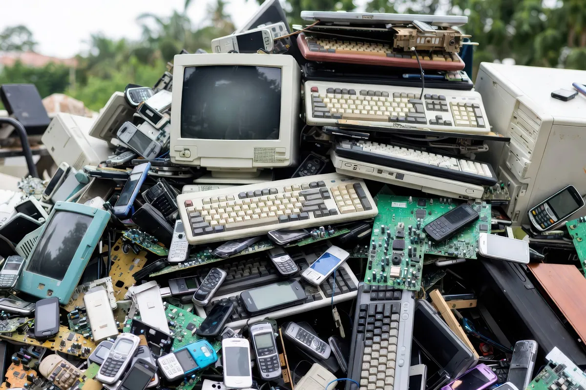 Pile of discarded computers, keyboards, phones and other electronic devices awaiting a controlled lifecycle decision