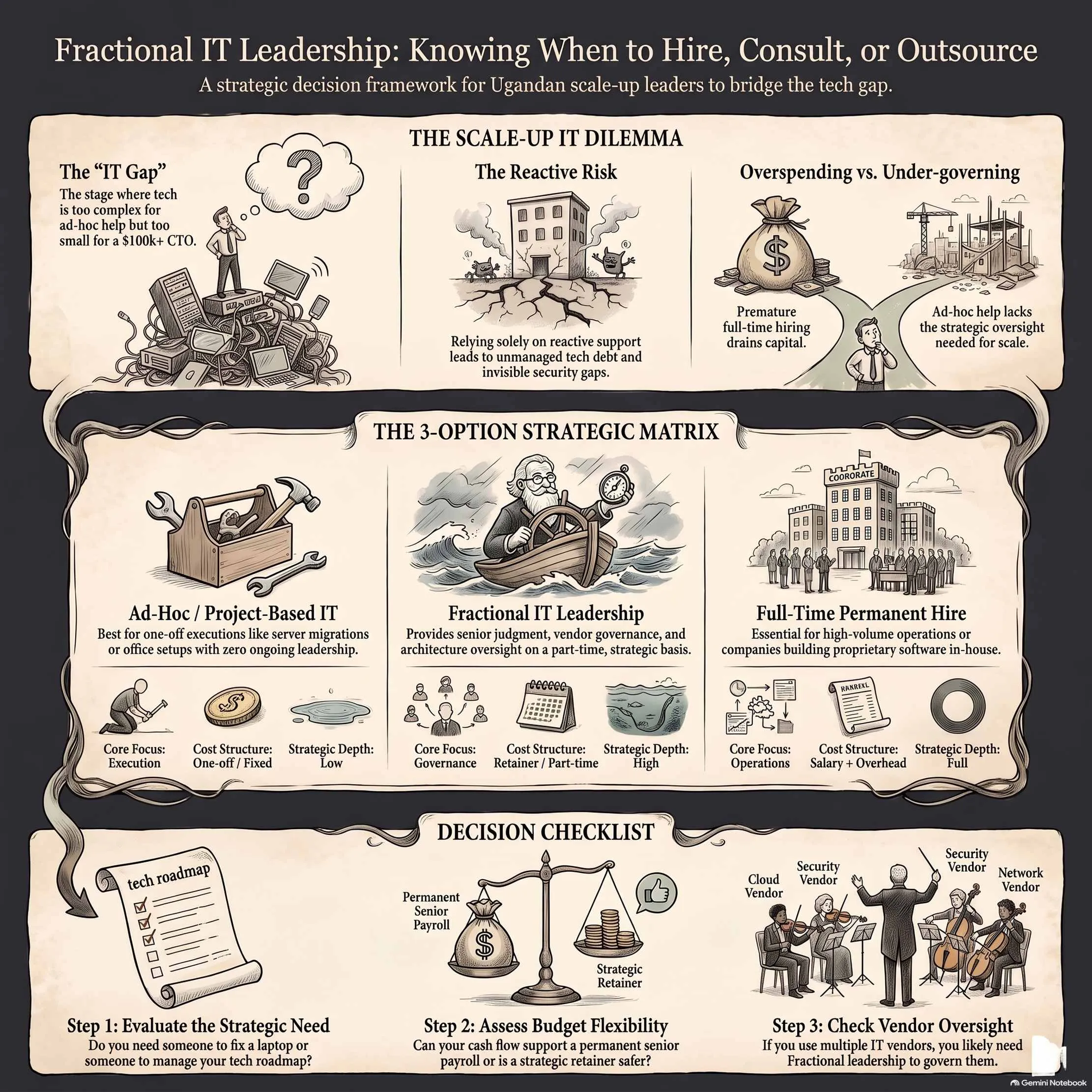 Infographic comparing project-based IT, fractional IT leadership and a permanent full-time hire, with a three-step decision checklist