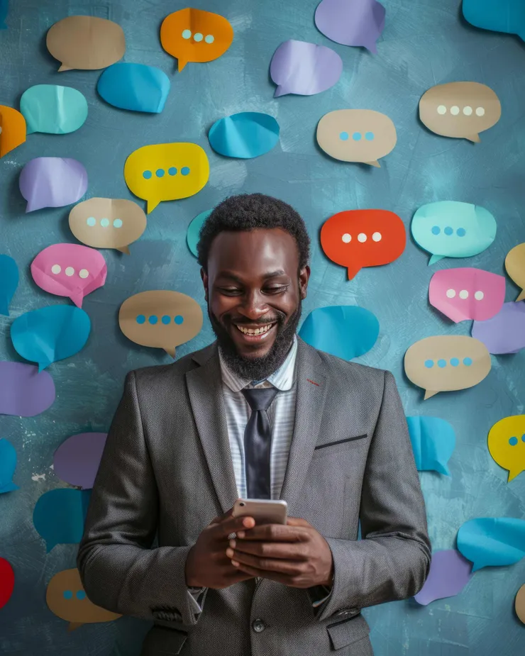 Entrepreneur using a phone in a vivid tech-driven scene, representing a dedicated mobile app built for customer loyalty
