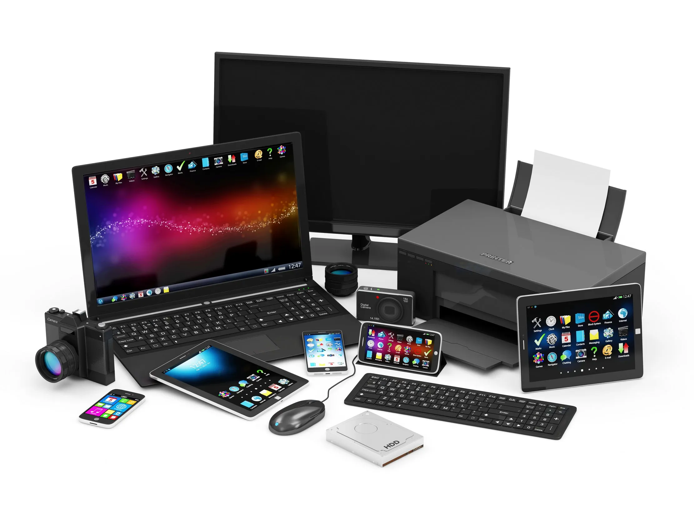 Mixed office equipment including a laptop, monitor, printer and tablet, representing a planned computer lifecycle