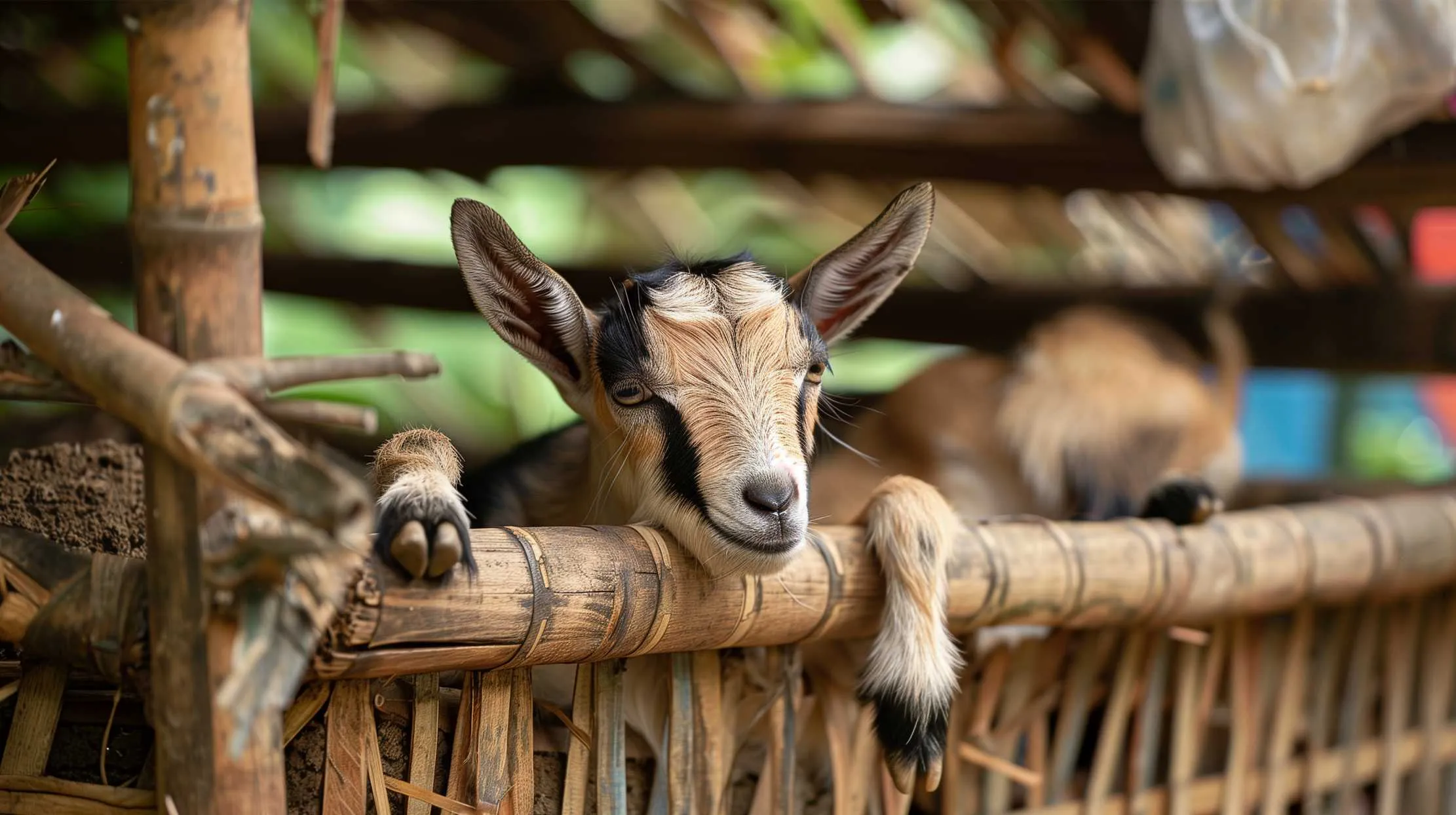 Photorealistic goat farm in Uganda — healthy dairy goats grazing in a well-managed paddock