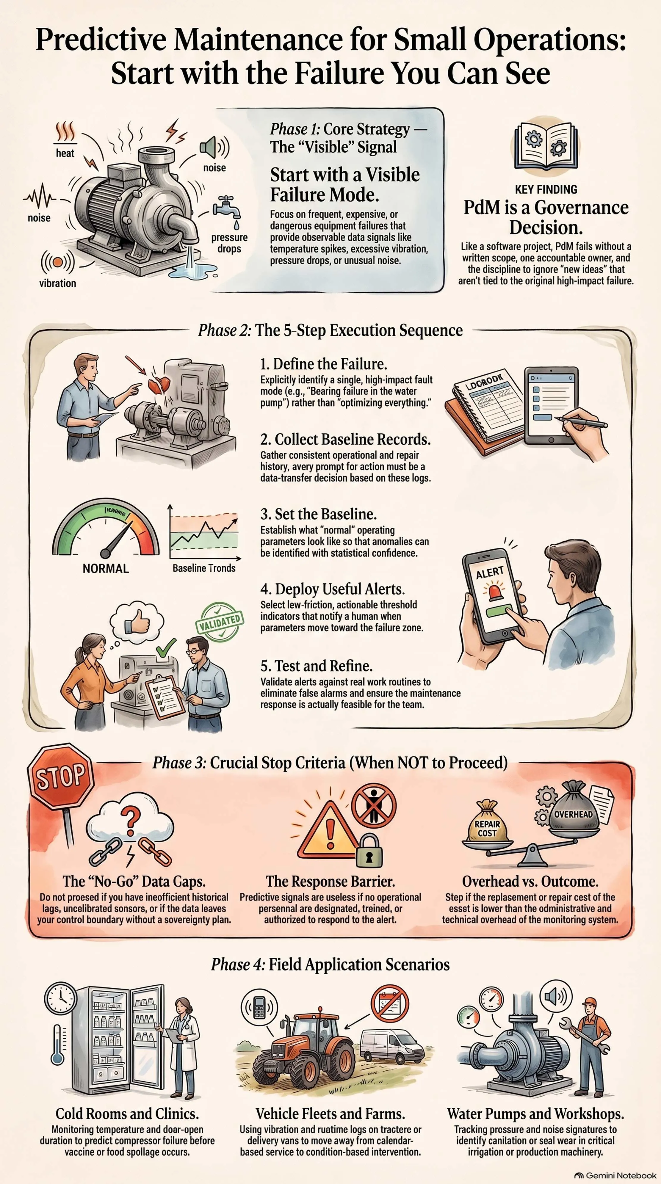 Infographic showing a visible failure signal, a five-step predictive-maintenance sequence, stop criteria and examples for small operations