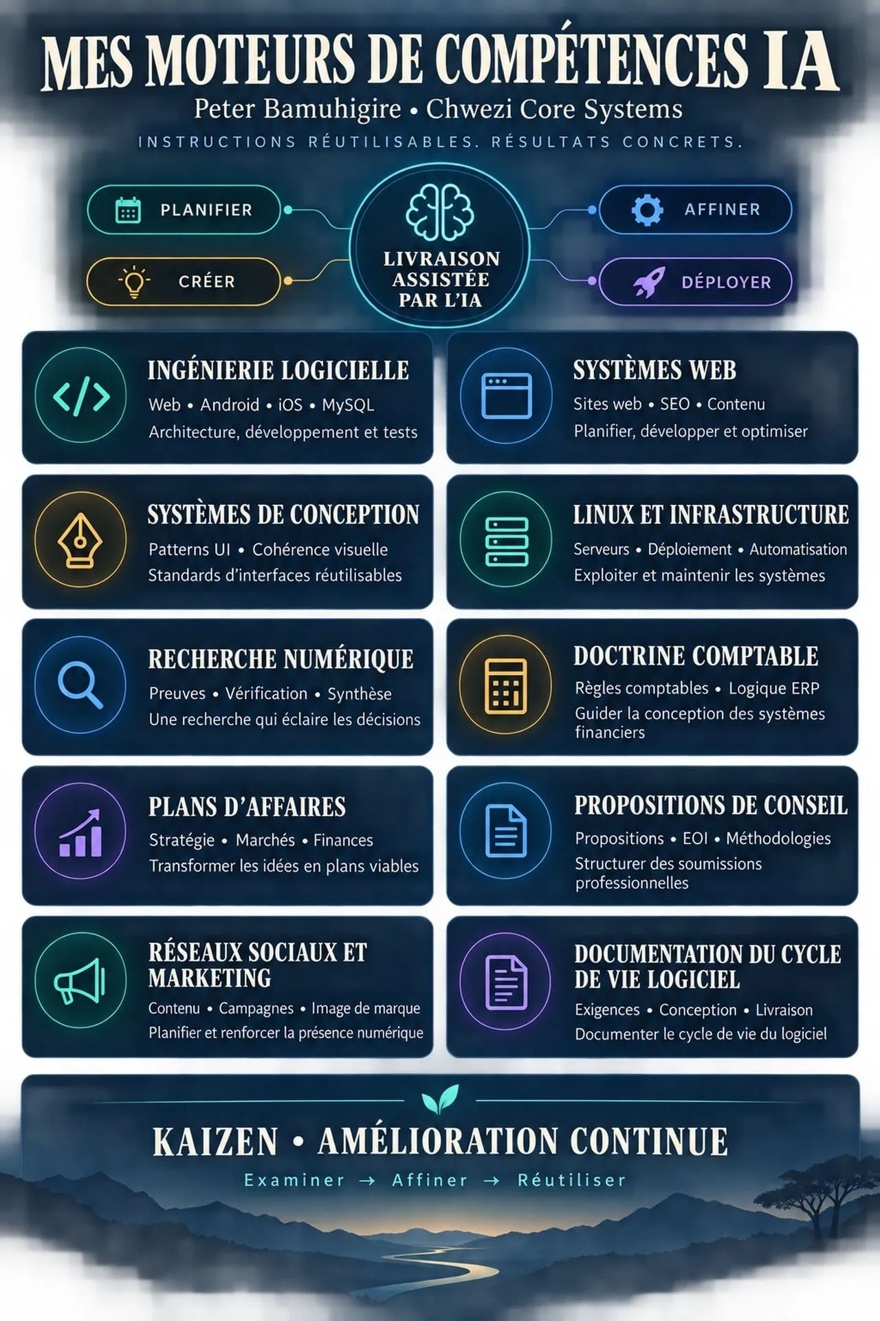 Infographie montrant les dix moteurs de compétences IA d'origine de Peter Bamuhigire organisés autour d'une boucle de livraison assistée par l'IA, se terminant par un encart Kaizen d'amélioration continue