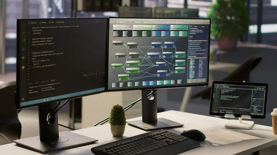 Software architecture screens showing code and connected workflow modules for multi-country system design