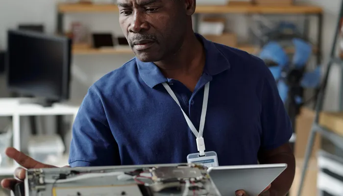 Technician inspecting an opened piece of equipment while holding a tablet in a repair workshop