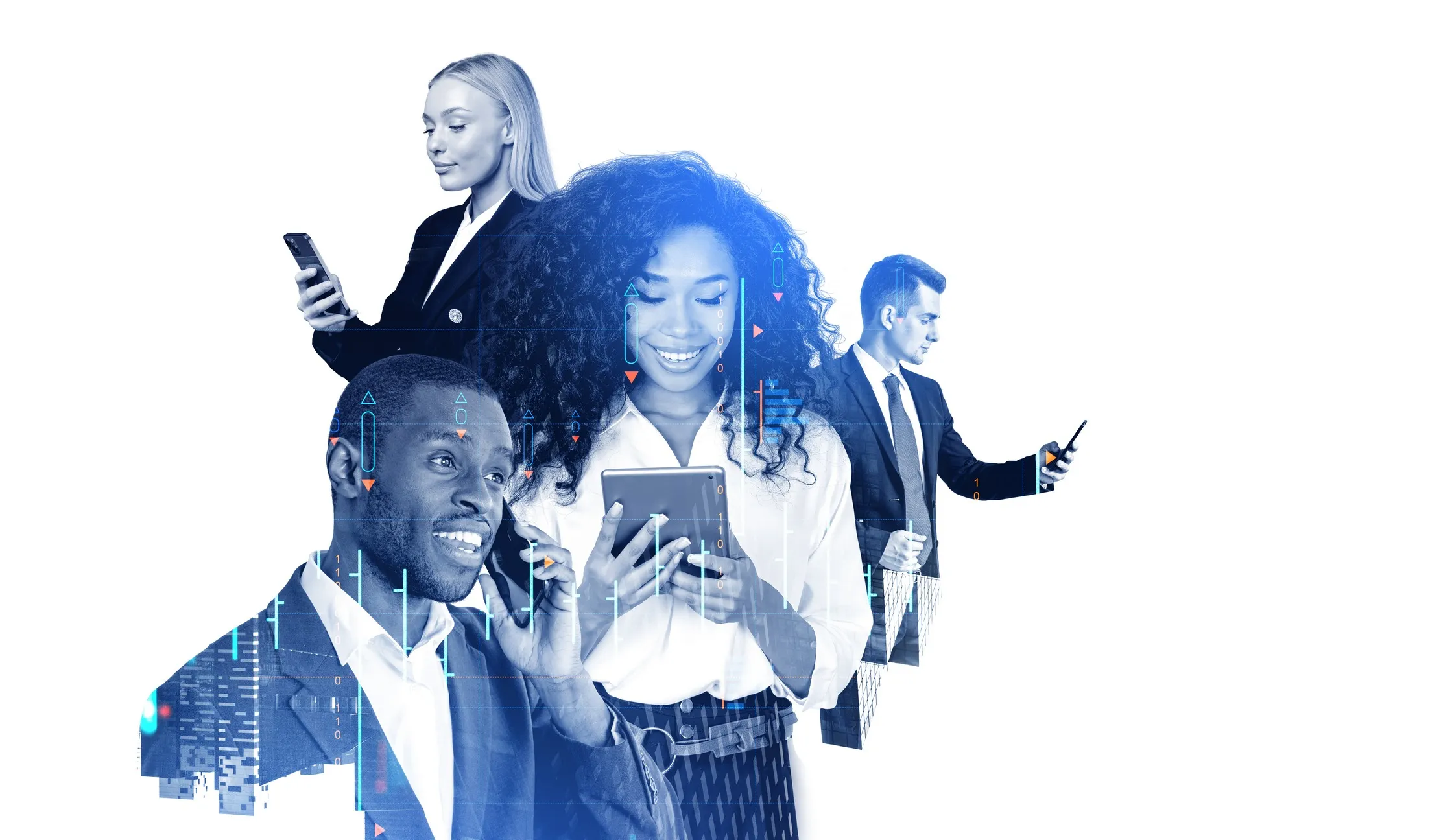 Four business people using smartphones, representing customers discovering a business through its website and search